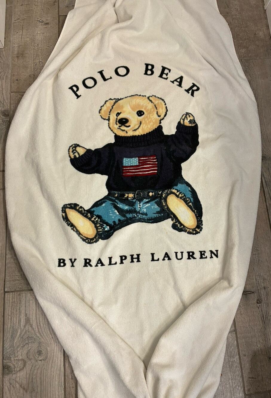Vintage 90s Ralph Lauren Polo Bear Beach Towel Sitting Bear American Flag 35x64